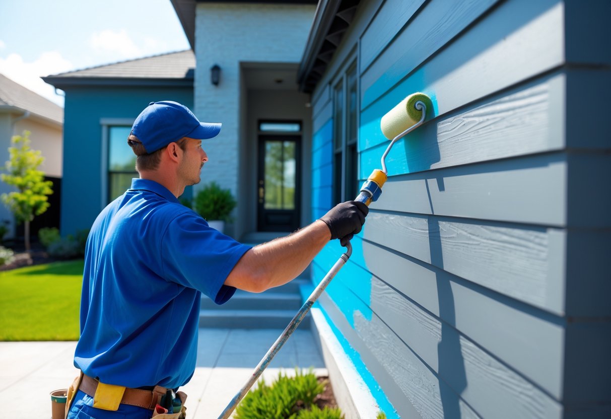 A painter applying fresh paint to the exterior of a modern house in daylight with a landscaped yard.