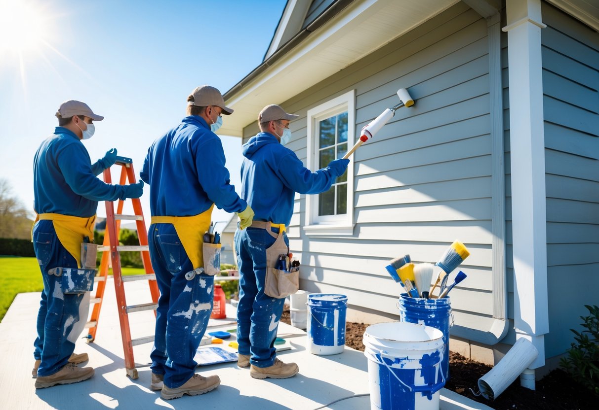 A team of painting contractors applying paint to the exterior of a house using rollers and ladders.
