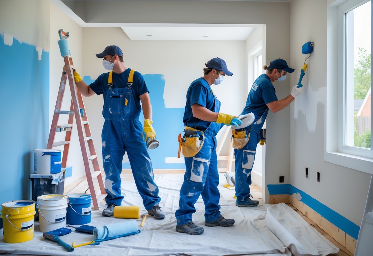 A team of painters working together inside a room, preparing and painting walls using brushes and rollers with painting tools and materials around them.