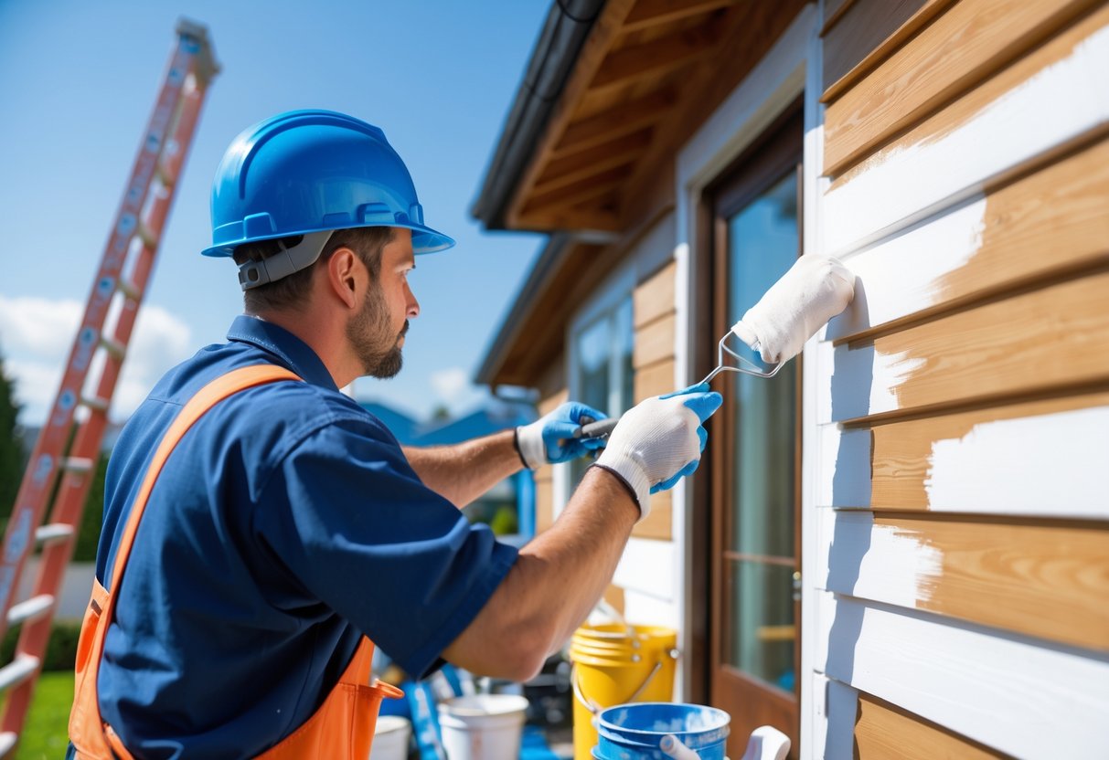 A painting contractor applying white paint to the exterior wall of a house using a roller, with painting tools and a ladder nearby.