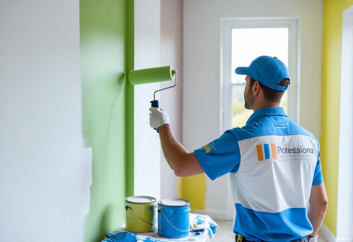 A professional painter painting an interior wall with a roller in a clean, modern room.
