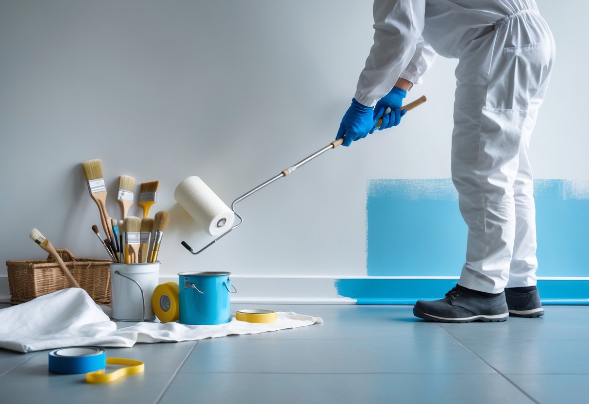 A professional painter applying paint to a wall with a roller, surrounded by painting tools and supplies in a clean indoor space.