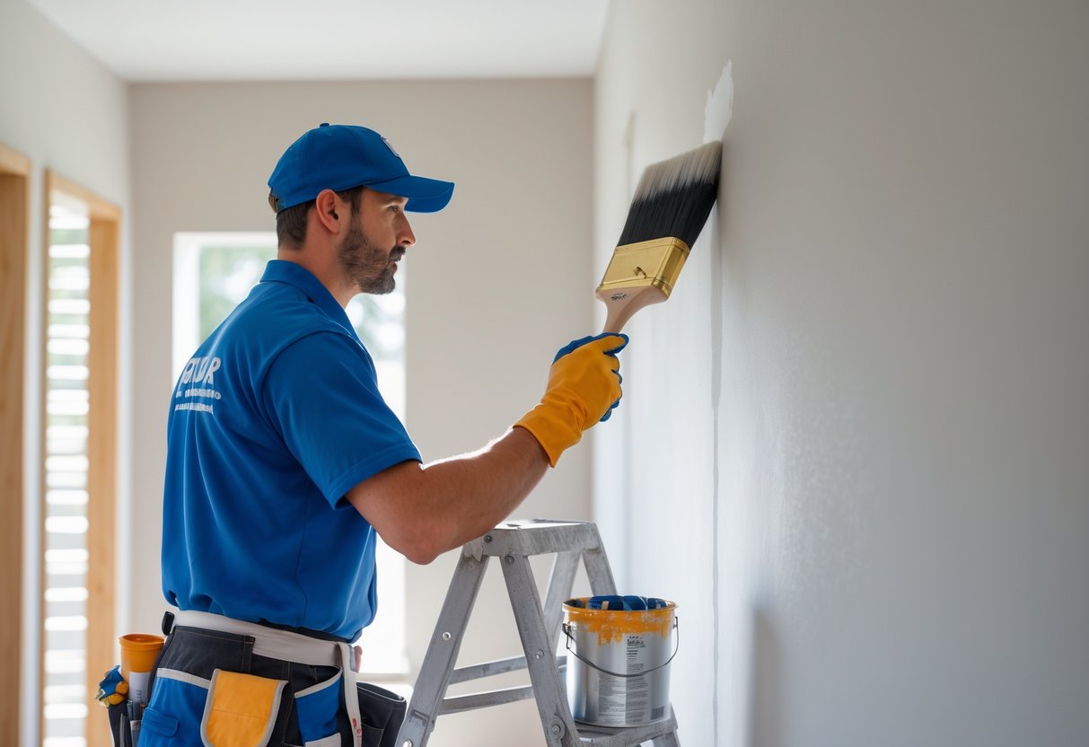 A professional painter applying paint to an interior wall using a brush while standing on a ladder.
