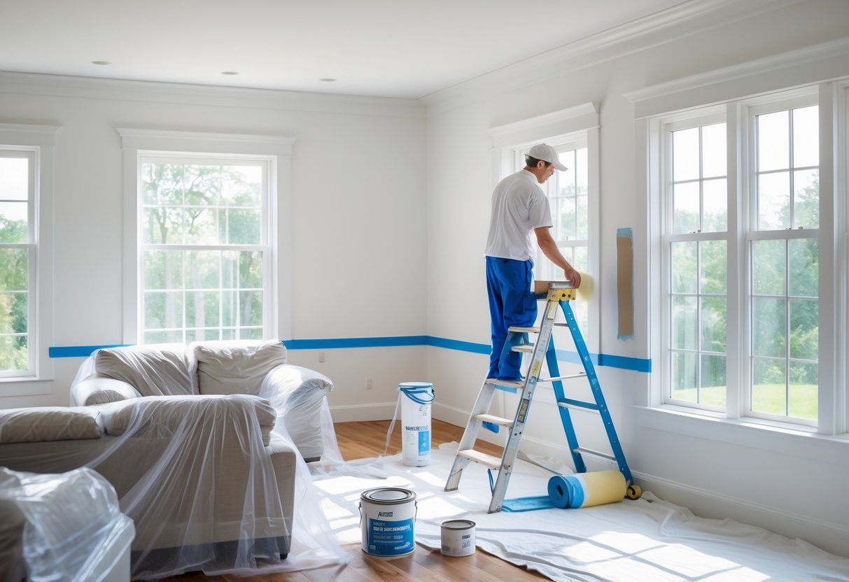 Living room with furniture covered in plastic, a painter sanding a wall on a ladder, and painting supplies arranged on the floor.