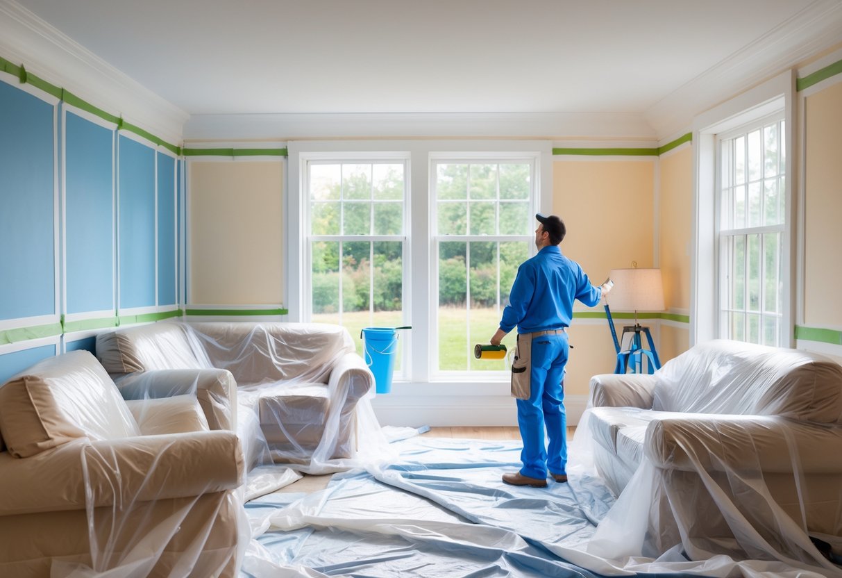 A living room with furniture covered in plastic and floors protected, a painter inspecting the walls preparing for painting.