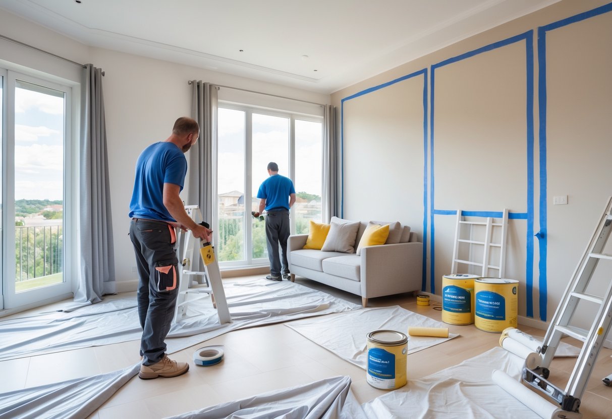A homeowner and a professional painter preparing a living room for painting by moving furniture, taping wall edges, and covering the floor.