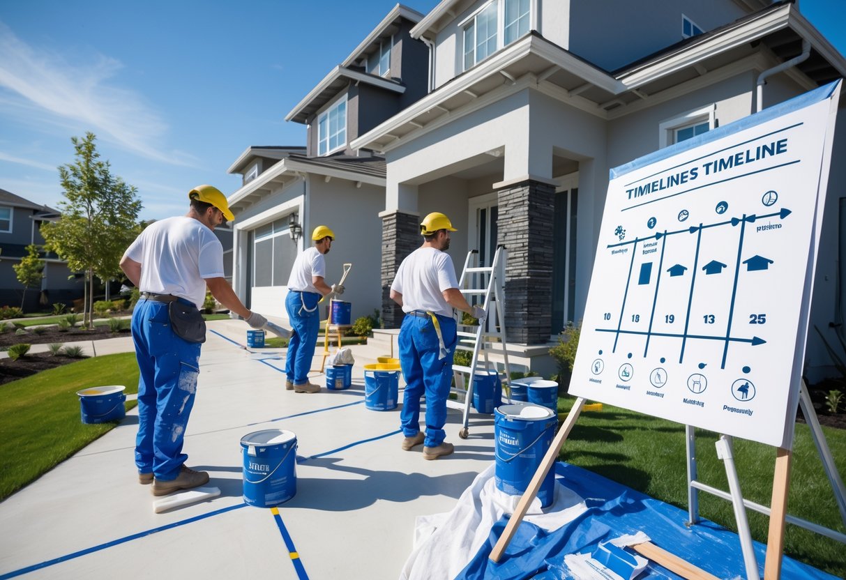 Painters working on a house exterior with painting equipment and a timeline chart showing stages of the project.