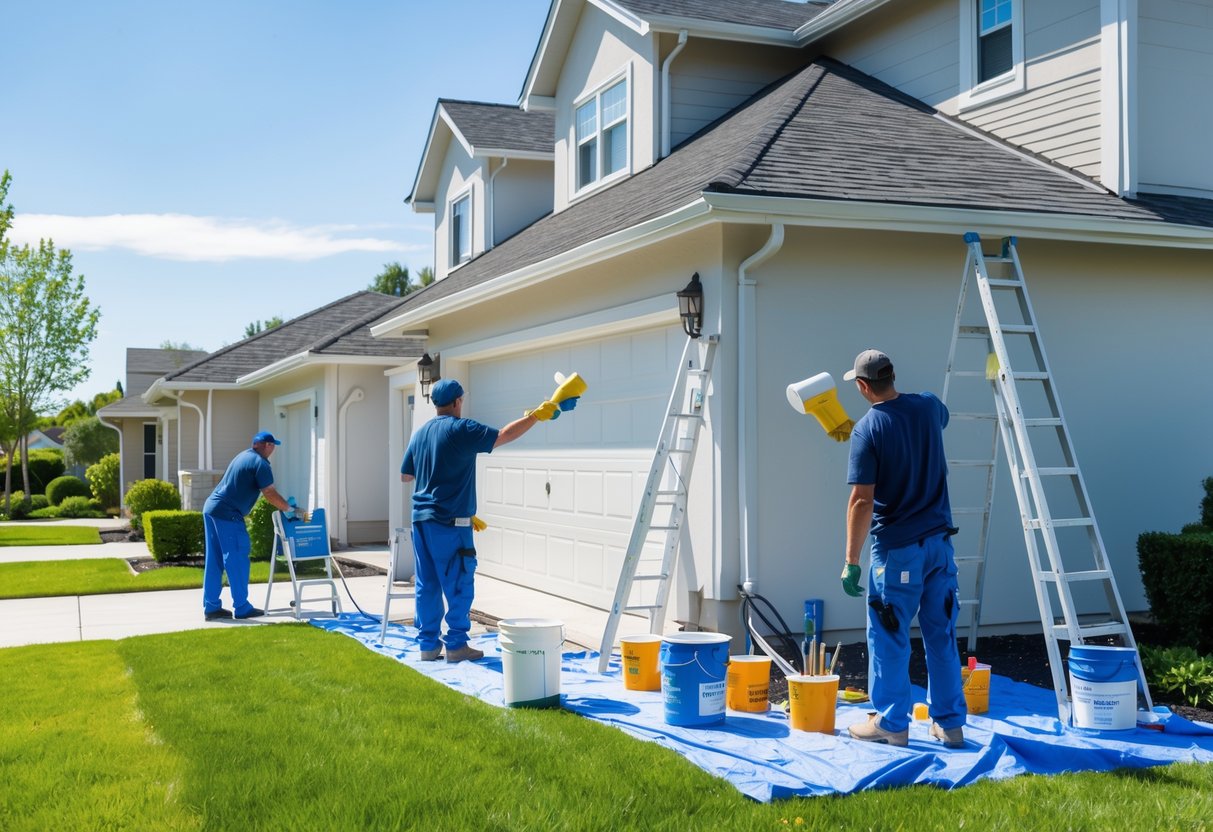 Painters working on the exterior of a suburban house with painting tools and equipment around.