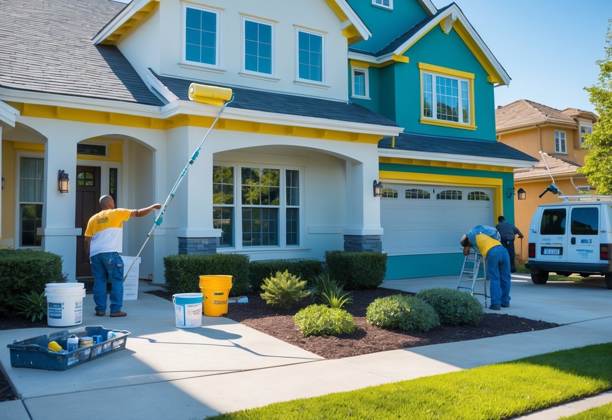 Painters working on the exterior of a suburban house, applying fresh paint with rollers and brushes during a residential painting project.