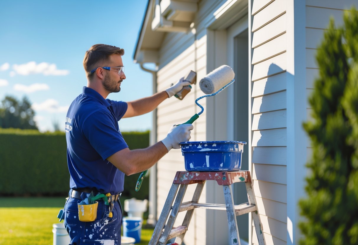 A painting contractor applying paint to the exterior wall of a house using a roller during daytime.