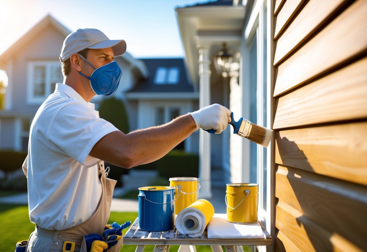 A professional painter applying paint to a house exterior with painting tools and equipment nearby.