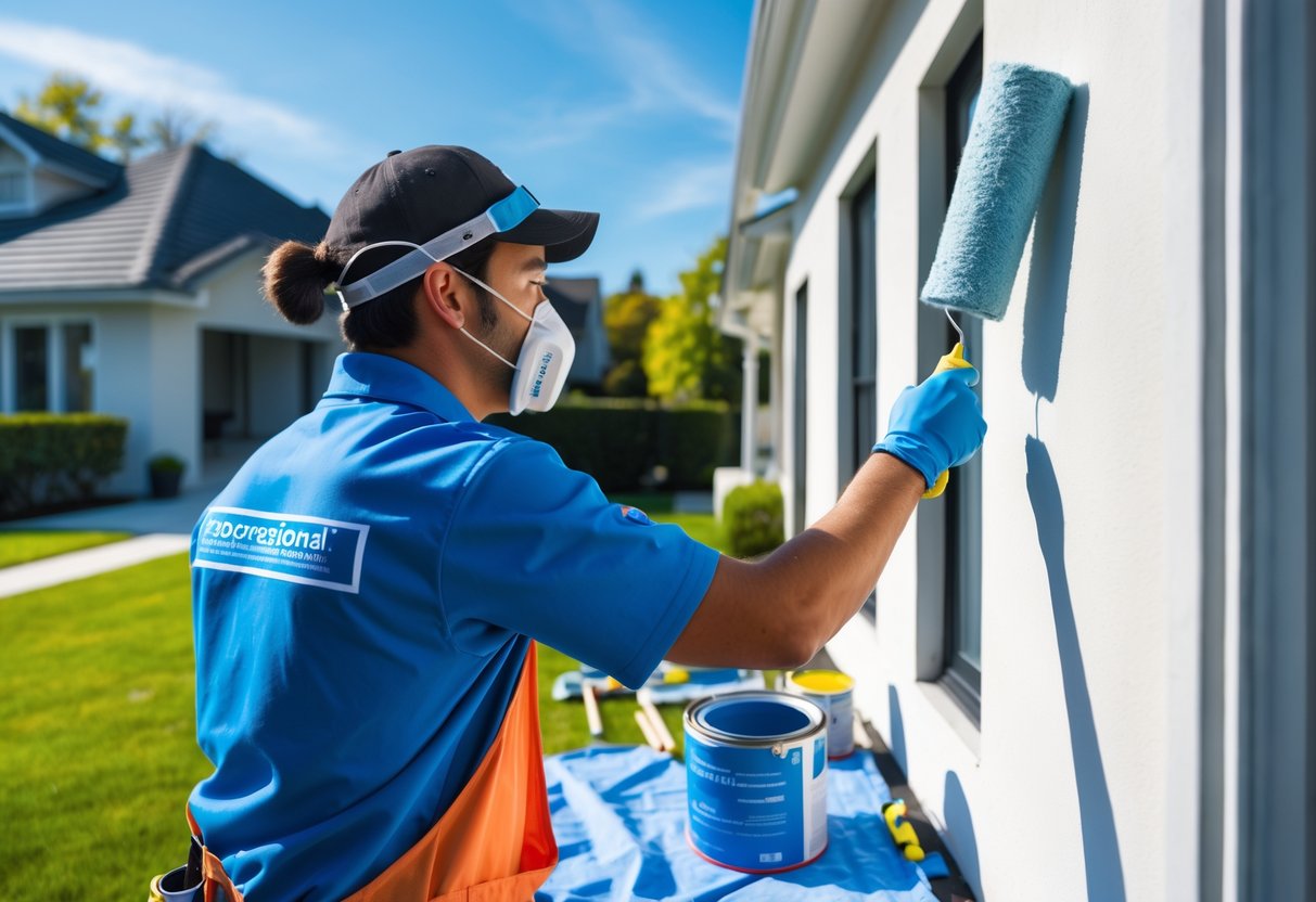A professional painter in uniform carefully painting the exterior wall of a house with a roller during the day.