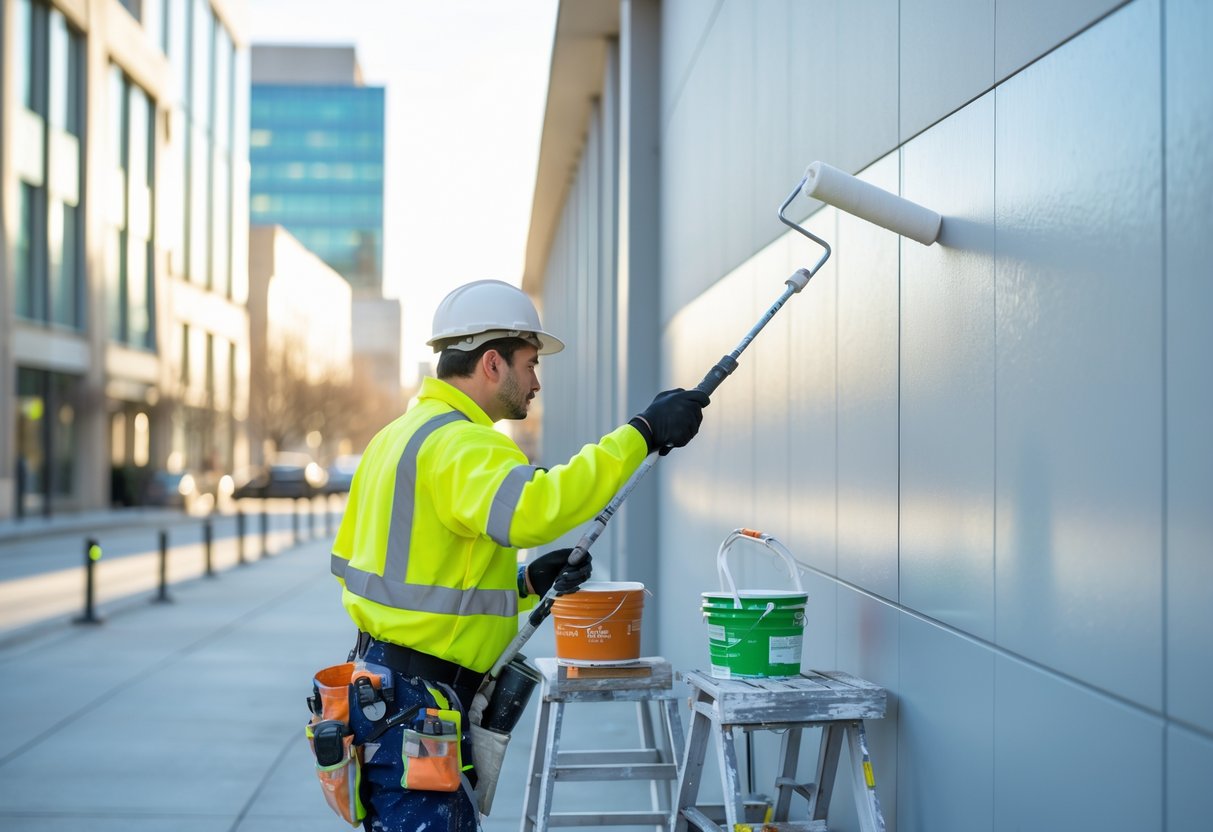 A commercial painter wearing safety gear painting the exterior wall of a modern office building with a roller on an extended pole during the day.