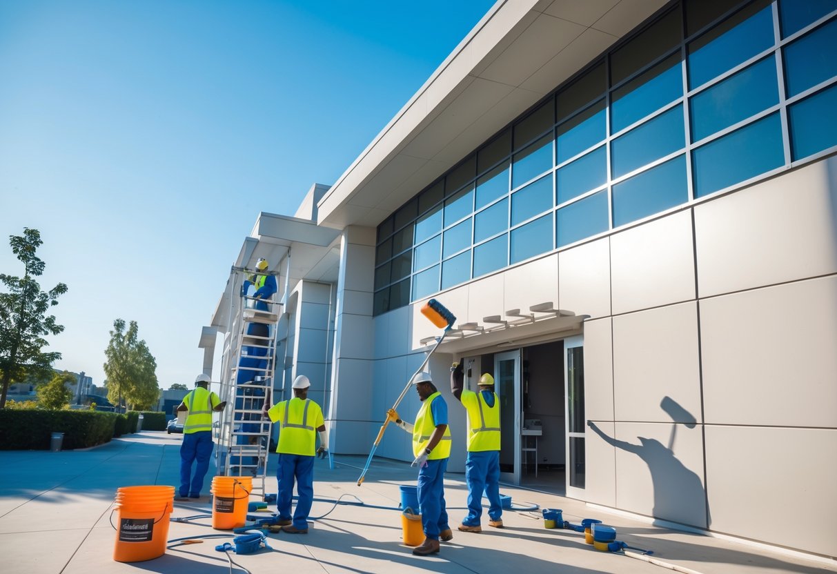 Painters wearing safety gear painting the exterior of a large commercial building during the day.