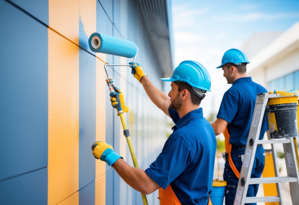 A team of painters working on the exterior walls of a commercial building using rollers and ladders.