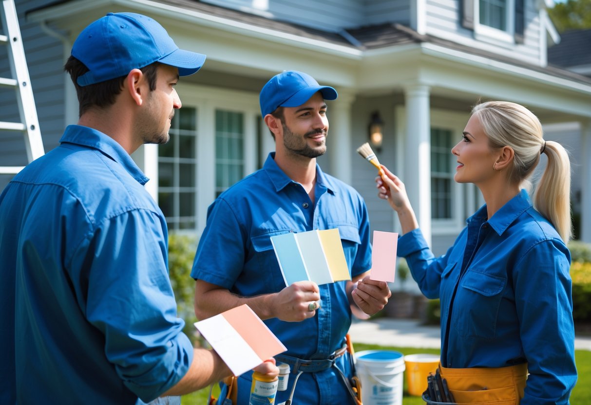 A homeowner talking with two house painters outside a house, discussing painting plans.