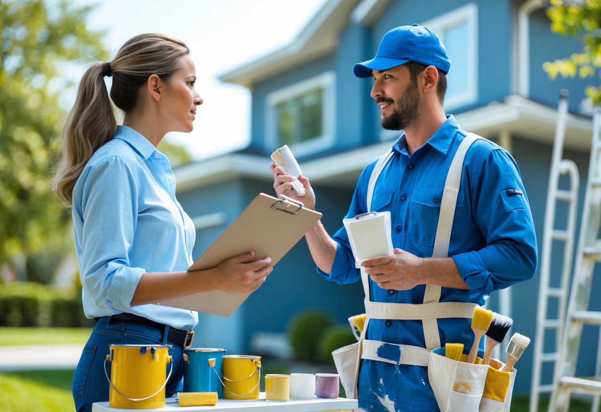A homeowner talking with a house painter outside a modern house, discussing painting project details with painting tools nearby.