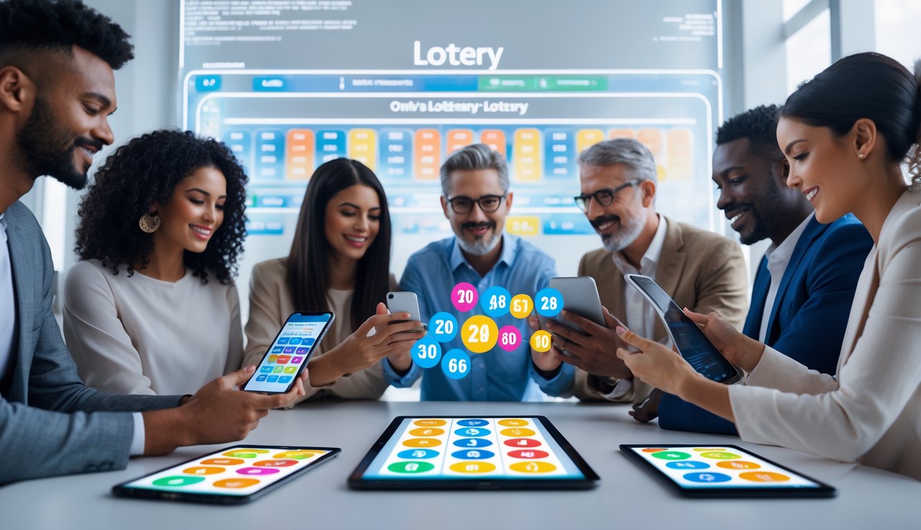 Orang-orang menggunakan perangkat digital untuk bermain togel online dengan berbagai angka dan grafik di layar.