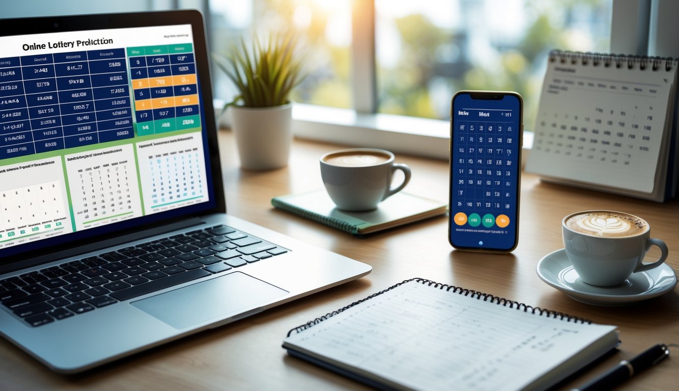 Meja kerja dengan laptop dan ponsel menampilkan grafik dan angka, cangkir kopi, serta alat tulis di dekat jendela yang terang.