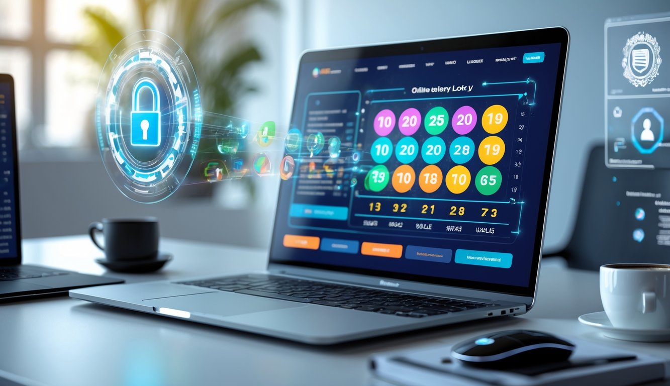 Sebuah ruang kerja modern dengan laptop dan smartphone yang menampilkan antarmuka permainan togel online resmi, dengan suasana kantor yang rapi dan terang.