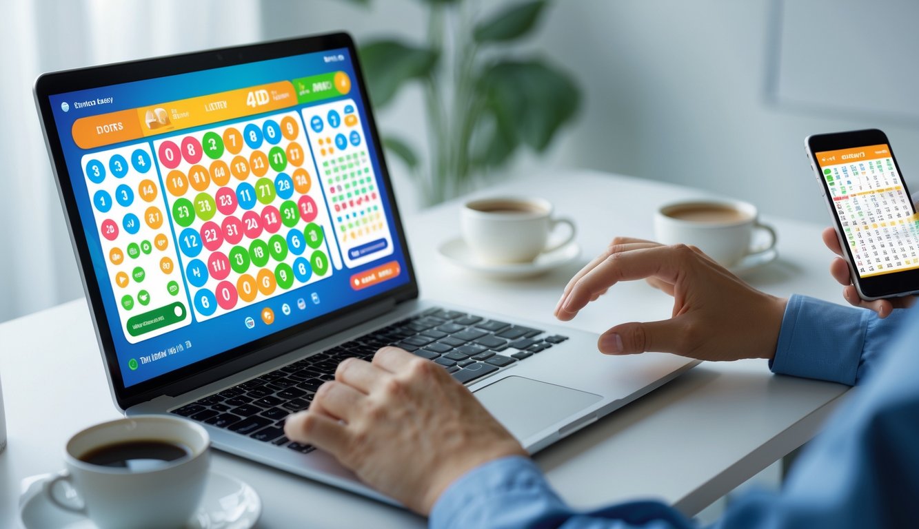 Seseorang menggunakan laptop di meja kerja dengan tampilan antarmuka lotere online dan smartphone di sampingnya.
