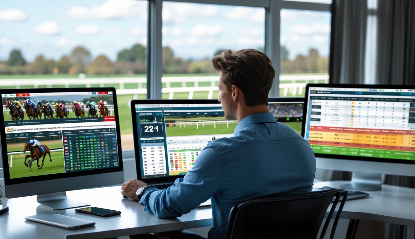 Seorang pria muda duduk di meja dengan beberapa layar komputer menampilkan data dan video balap kuda, sedang fokus memasang taruhan online.