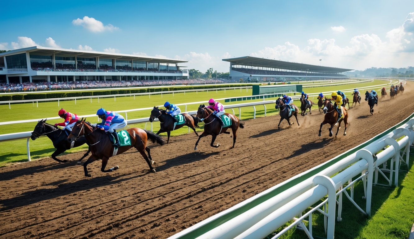 Balapan kuda yang sedang berlangsung di lintasan dengan penonton di tribun dan langit cerah.