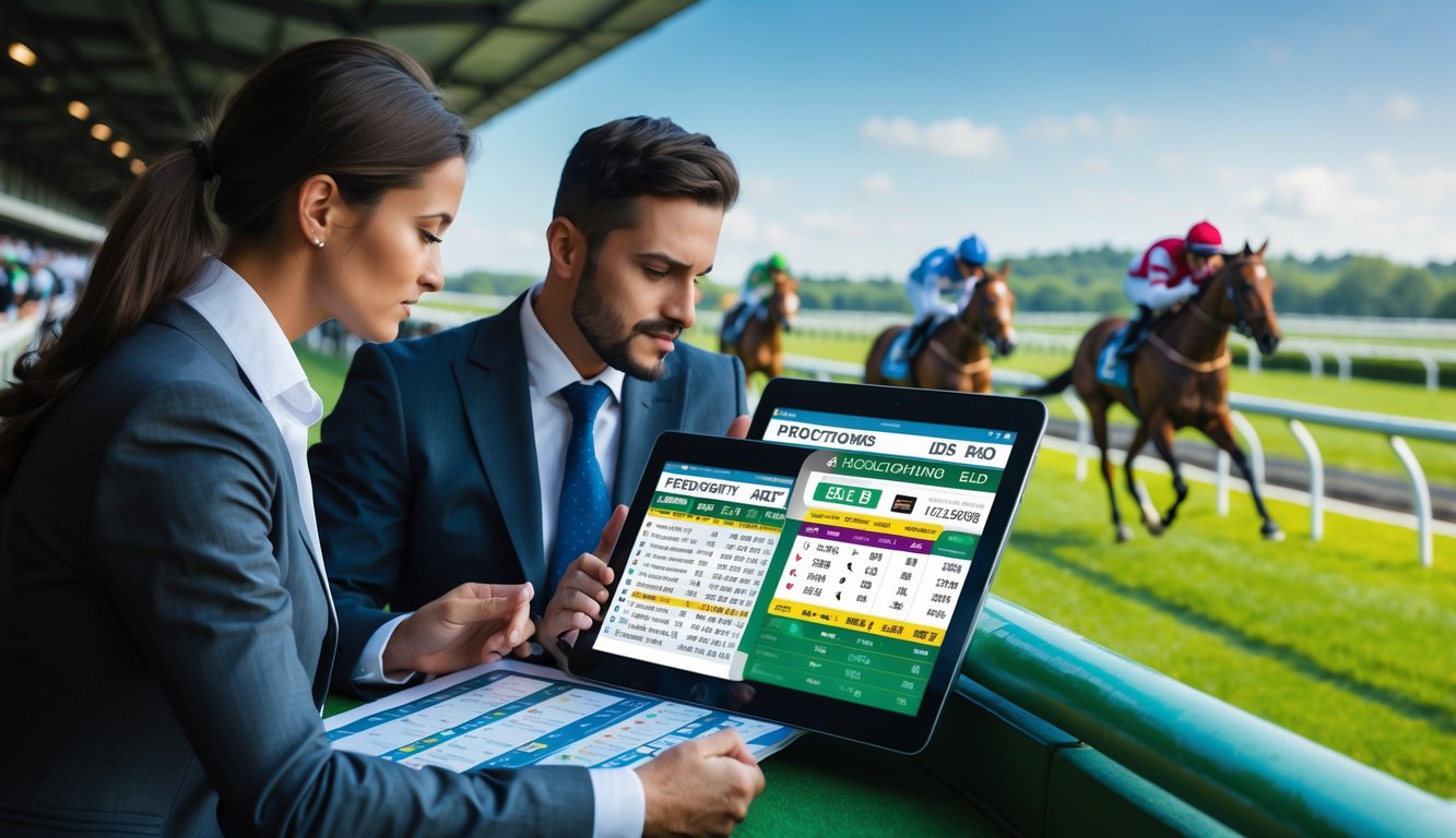 Dua orang sedang memperhatikan balap kuda yang sedang berlangsung di lintasan dengan latar belakang kuda dan joki yang sedang berlari.