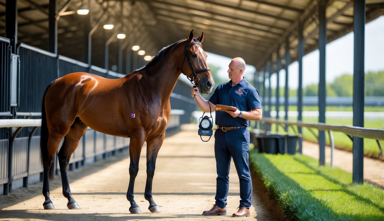 Seorang pelatih kuda sedang memeriksa kuda pacu di area kandang dengan latar belakang lintasan balap dan peralatan balap.