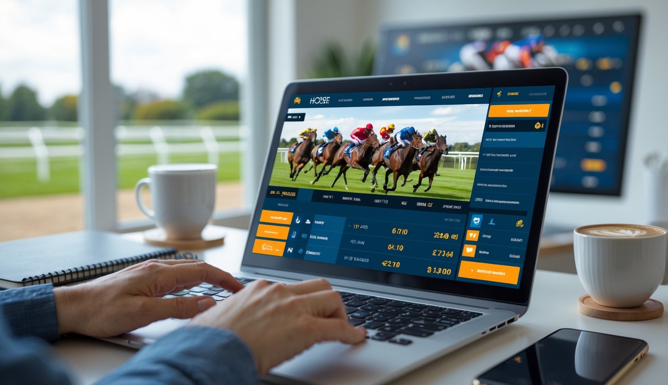 Seseorang menggunakan komputer untuk memasang taruhan balap kuda online dengan latar belakang layar menampilkan balapan kuda.