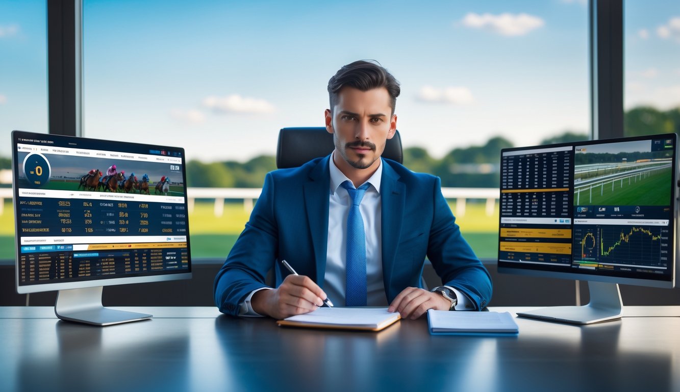 Seorang pria sedang menganalisis data taruhan balap kuda di depan layar komputer dengan latar belakang lintasan pacuan kuda.