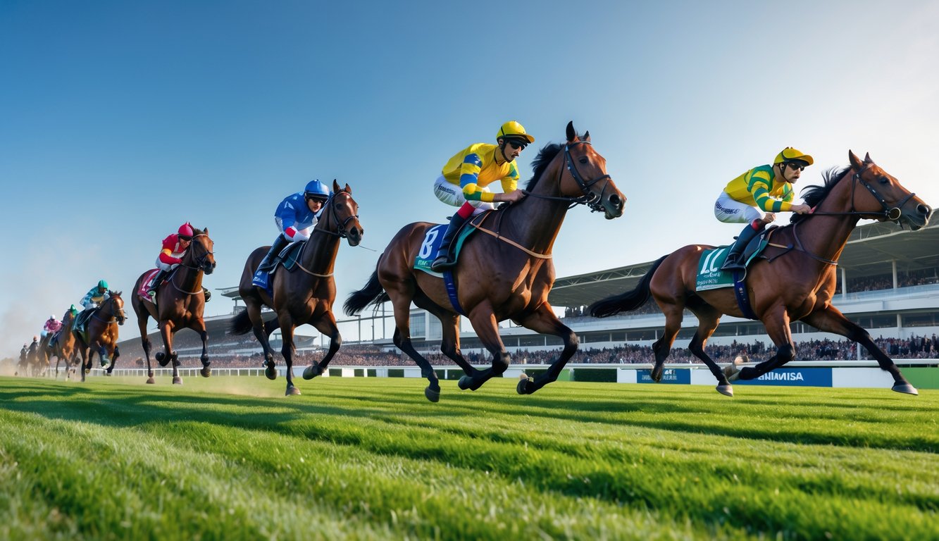 Beberapa kuda pacuan sedang berlari kencang di lintasan balap dengan penonton di tribun di latar belakang.