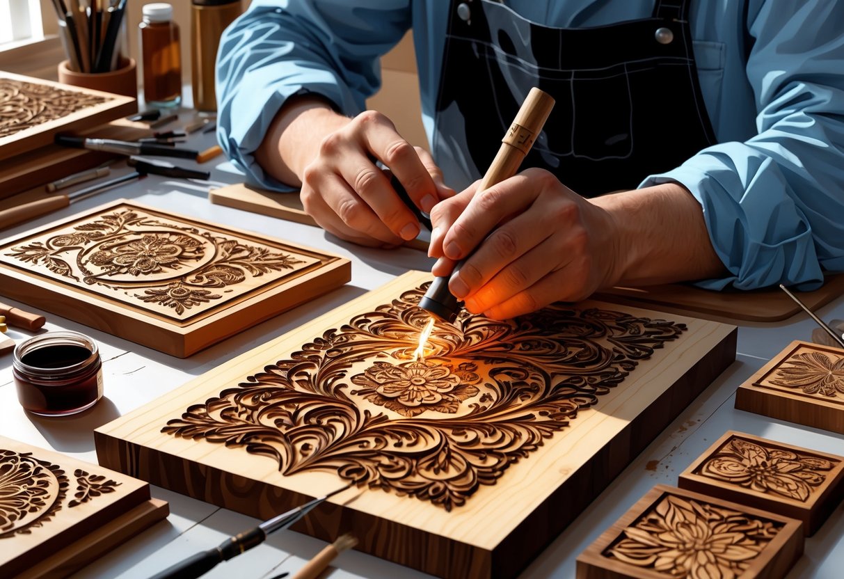An artisan using a wood burning tool to create detailed designs on a wooden surface in a well-lit workspace.