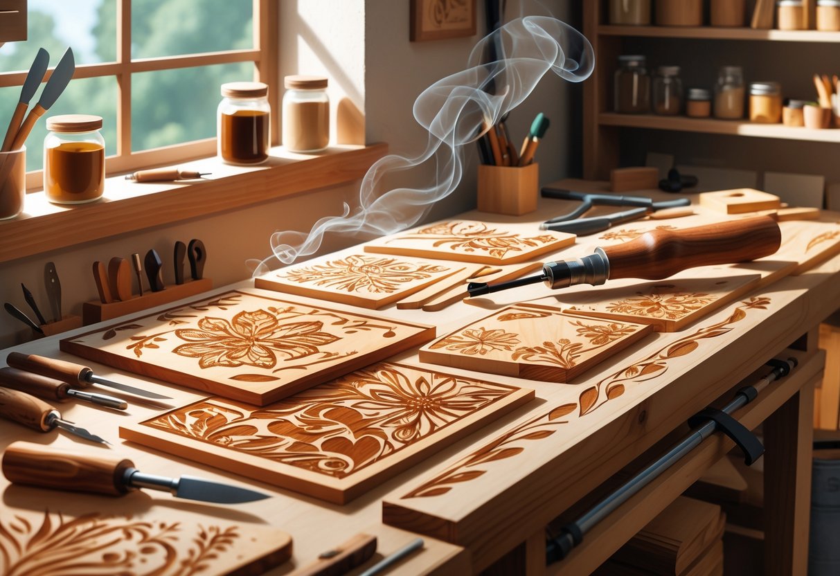 A woodworking studio with a workbench showing wood burning tools and partially engraved wooden pieces surrounded by crafting supplies.