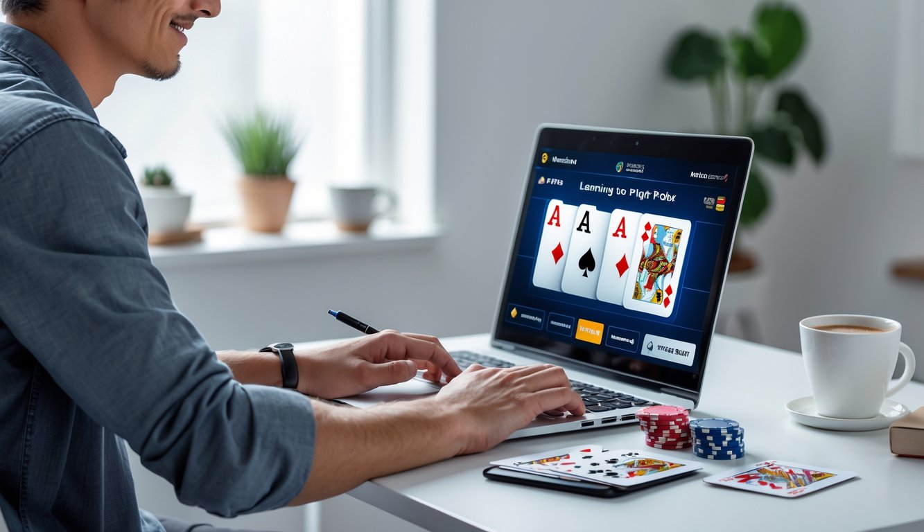 Seseorang muda sedang belajar bermain poker online di depan laptop dengan chip poker dan kartu di meja.
