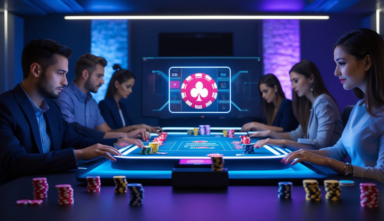 Orang-orang bermain poker online di depan layar komputer dengan suasana ruangan yang modern dan pencahayaan biru ungu.