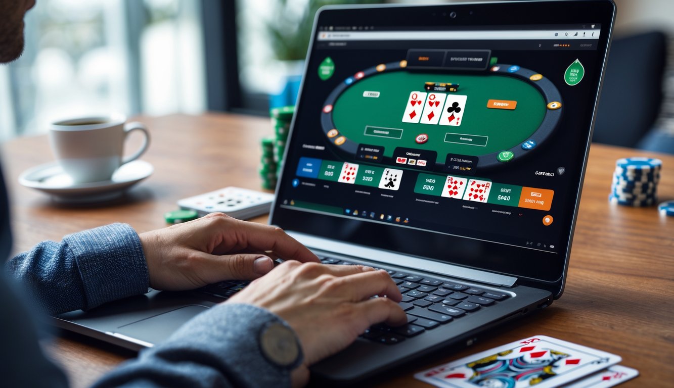 Seseorang sedang bermain poker online di depan komputer dengan kartu dan chip poker di meja.