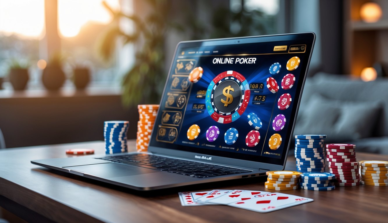 Seorang pemain poker online menggunakan laptop dengan tumpukan chip dan kartu poker di atas meja kayu.