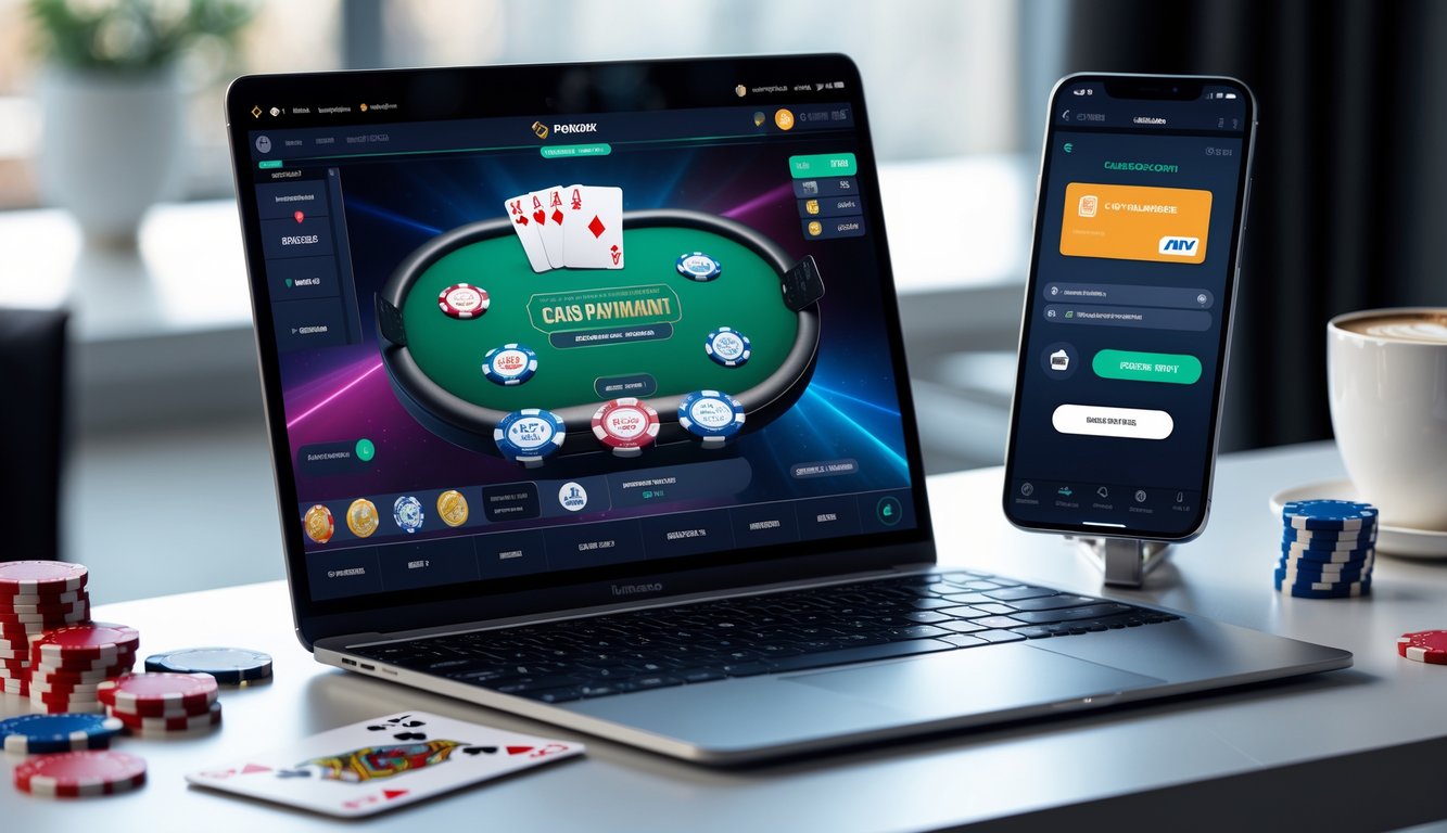 Seorang pengguna bermain poker online di laptop dengan smartphone yang menunjukkan pembayaran digital cepat di meja kerja modern.