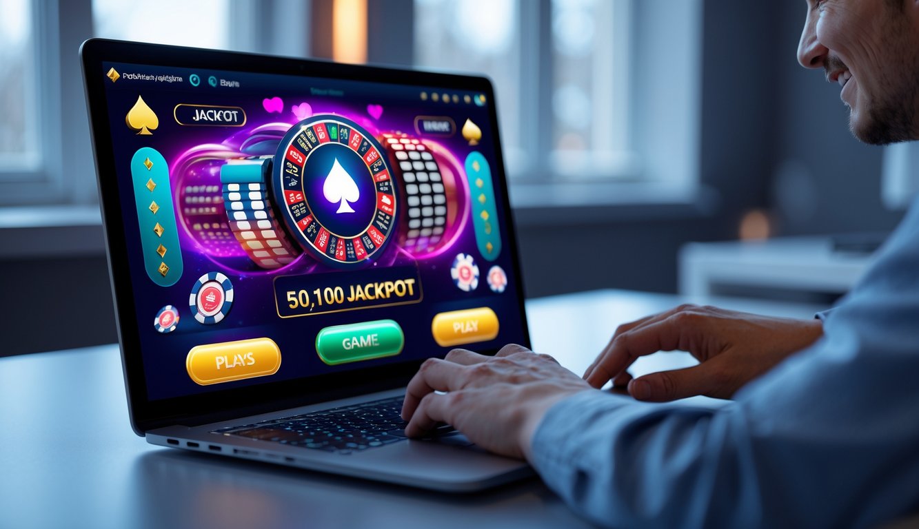 Seorang pemain menggunakan komputer untuk bermain poker online dengan tumpukan chip dan kartu di layar, menunjukkan suasana permainan dengan jackpot besar.