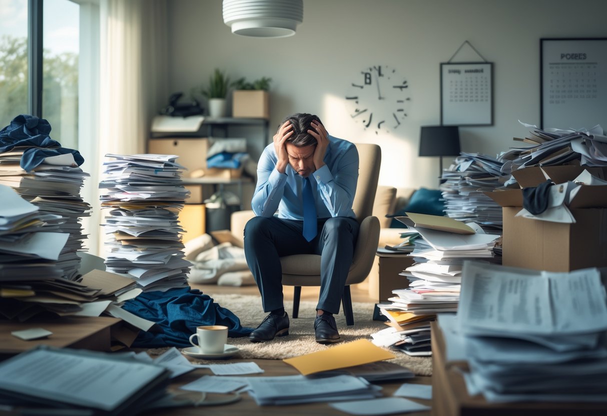 A stressed adult sitting in a cluttered room filled with scattered papers, boxes, and clothes, showing signs of overwhelm.