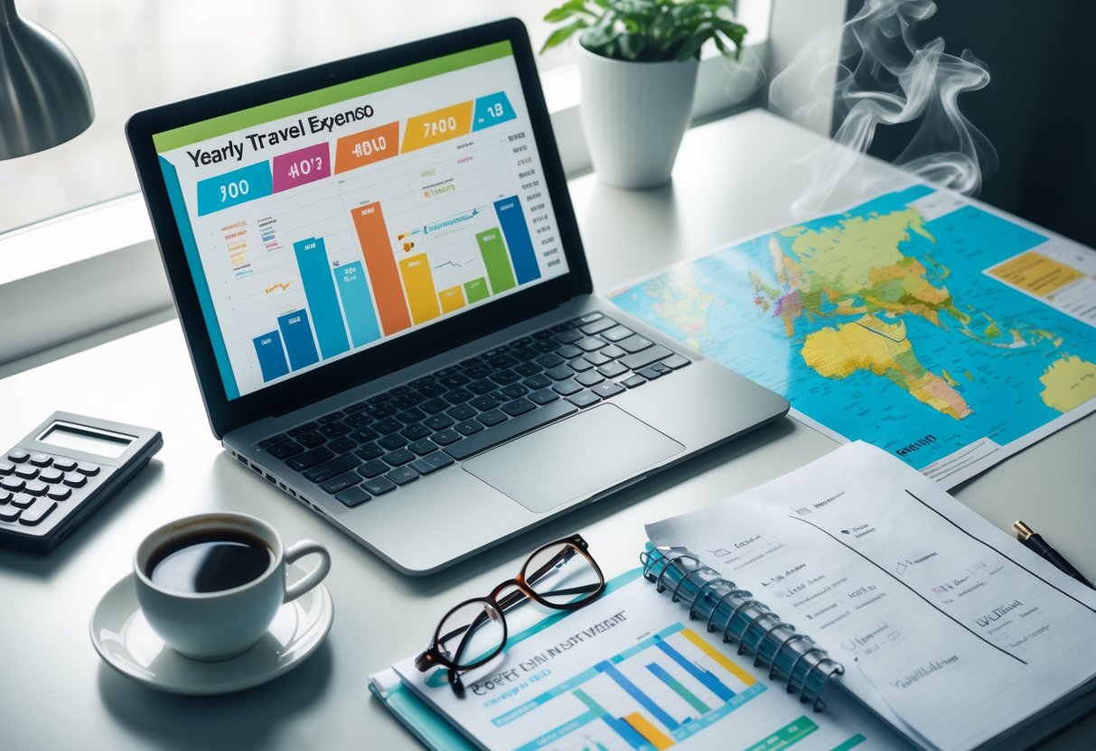 A workspace with a laptop showing travel expense charts, a world map, a calculator, an open notebook with budget notes, a coffee cup, and reading glasses on a desk.