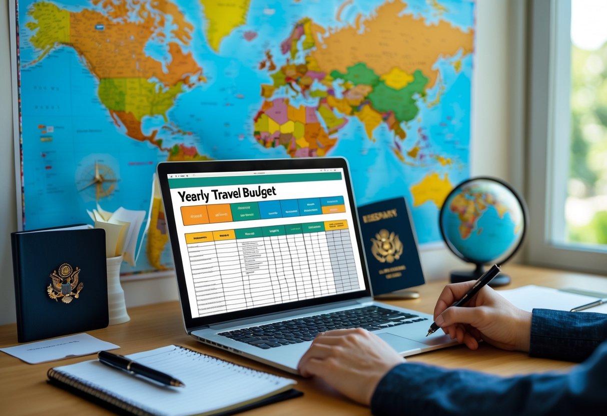 A workspace with a laptop showing a travel budget spreadsheet, a world map on the wall, and travel items like a passport and sunglasses on the desk.