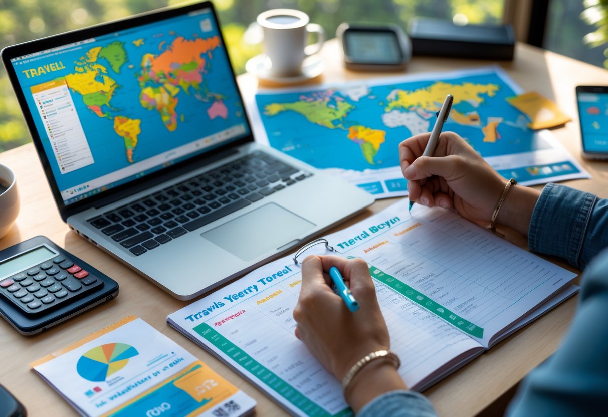 A workspace with a laptop showing a travel budget spreadsheet, a world map, travel documents, and a person writing notes, all arranged for planning yearly travel expenses.