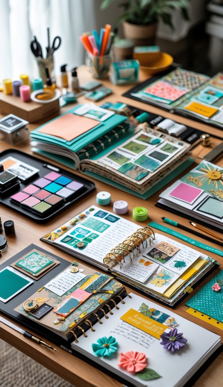A workspace with open scrapbooks and journals surrounded by colorful papers, paints, and crafting tools.