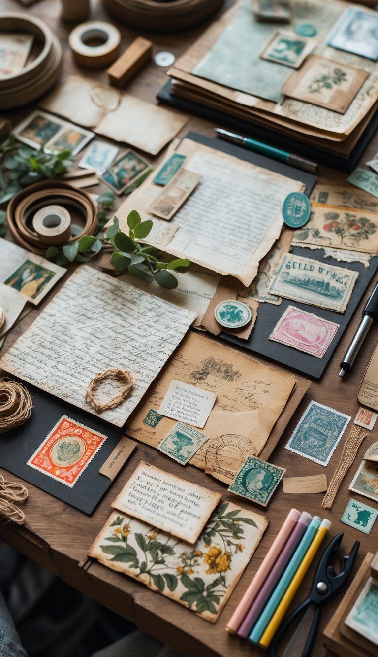 A workspace with vintage paper pieces, postcards, stamps, crafting tools, and a scrapbook in progress on a wooden table.