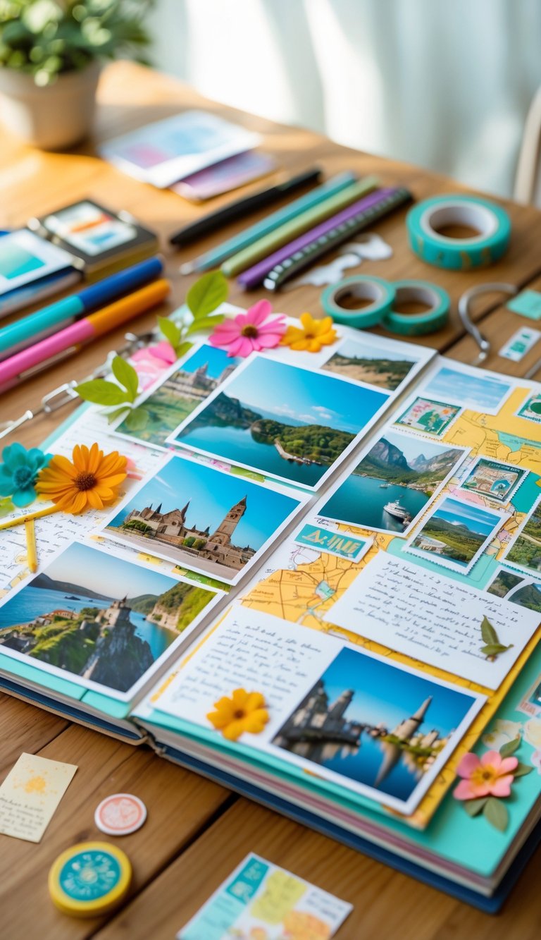 An open scrapbook on a wooden table filled with travel photos, maps, and craft supplies like pens and scissors.