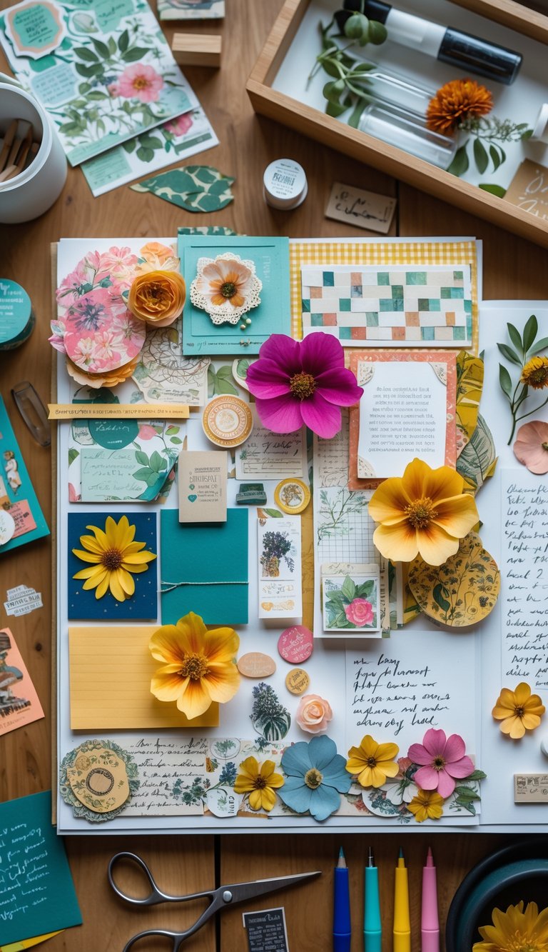 A workspace with a colorful collage of paper, stickers, flowers, and crafting tools arranged on a wooden table.