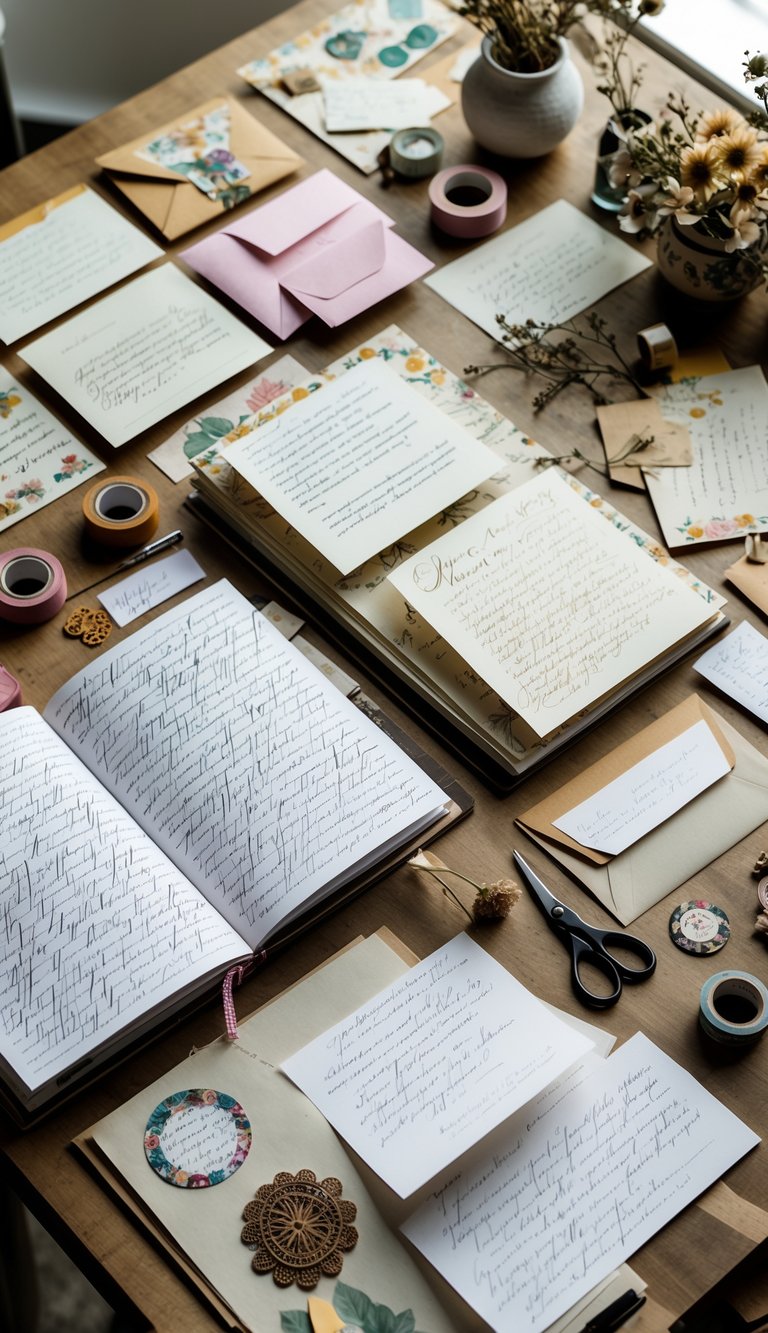 A workspace with open journals, handwritten letters, envelopes, and crafting supplies arranged on a wooden table.