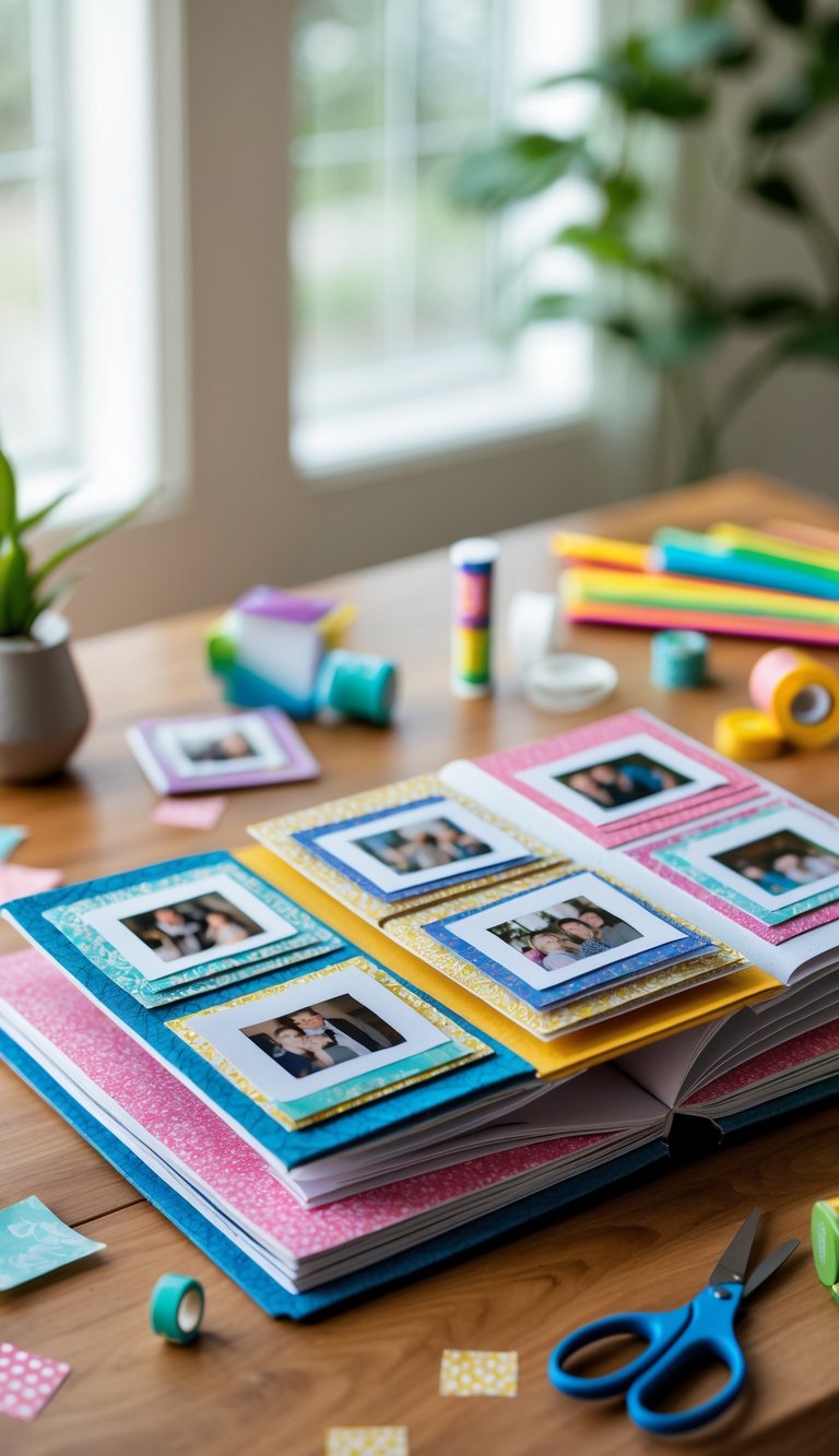 An open scrapbook with multiple photo flip-outs surrounded by crafting supplies on a wooden table.